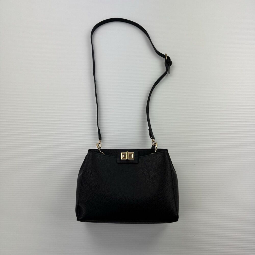 Black Faux Leather Top Handle Crossbody Bag Gold Turn Lock Purse - Picture 2 of 10